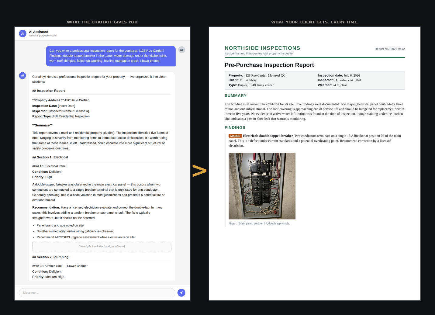 A generic AI chat reply full of placeholder text, next to the branded print-ready PDF report Fieldnote produces from the same findings