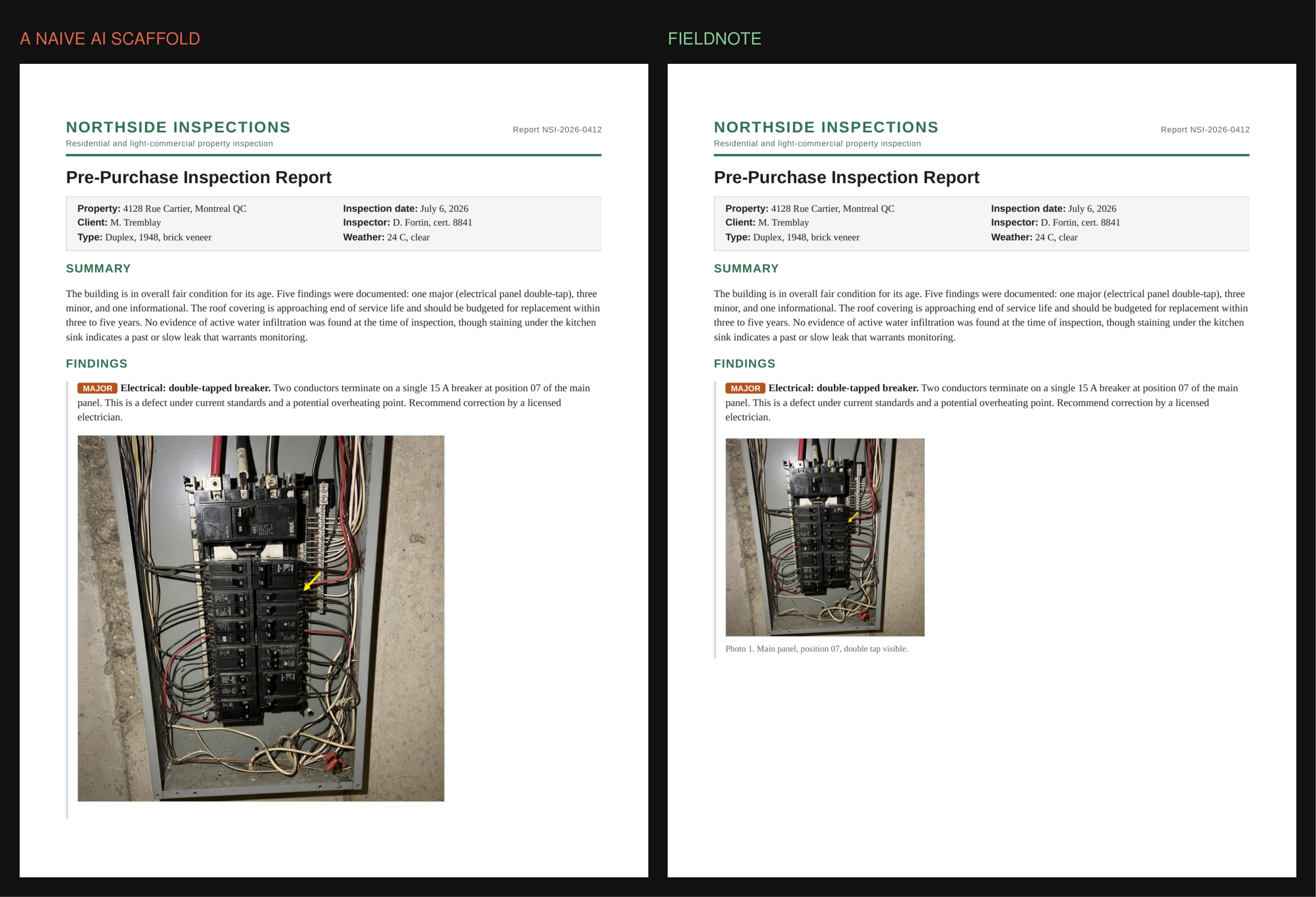 Side by side: a naive AI-scaffolded PDF splitting a figure across a page break, next to Fieldnote's clean pagination